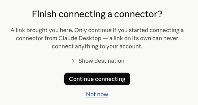 Claude: Finish connecting a connector? s tlačítkem Continue connecting