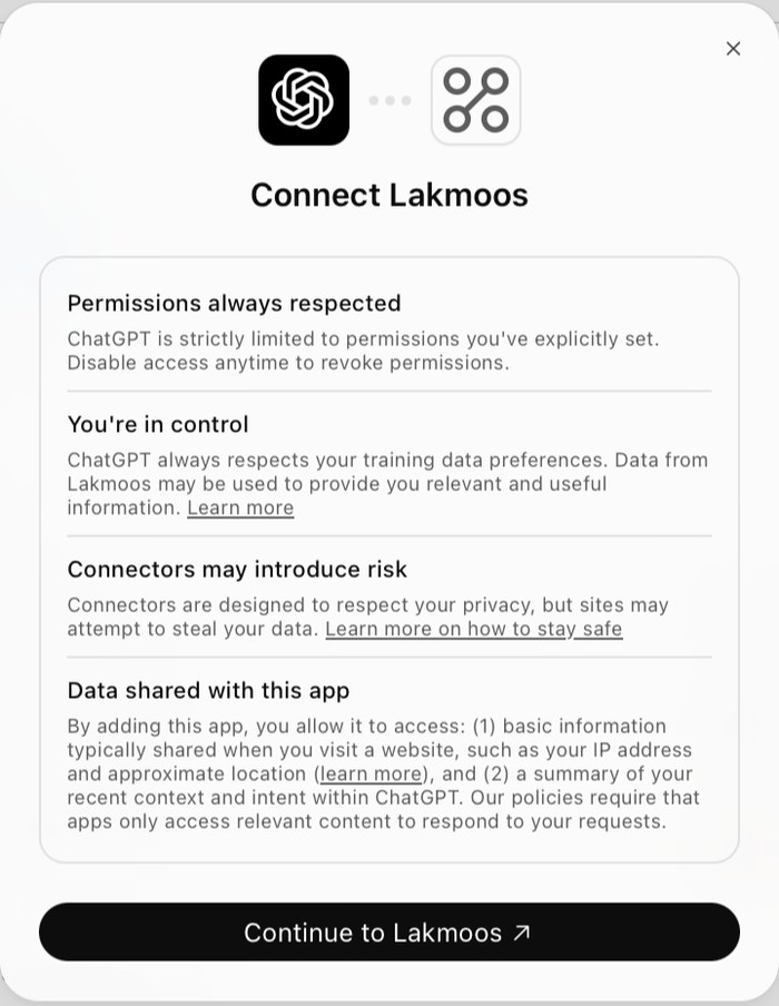 Okno Connect Lakmoos s tlačítkem Continue to Lakmoos