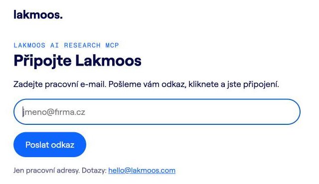 Stránka Připojte Lakmoos s polem na e-mail a tlačítkem Poslat odkaz