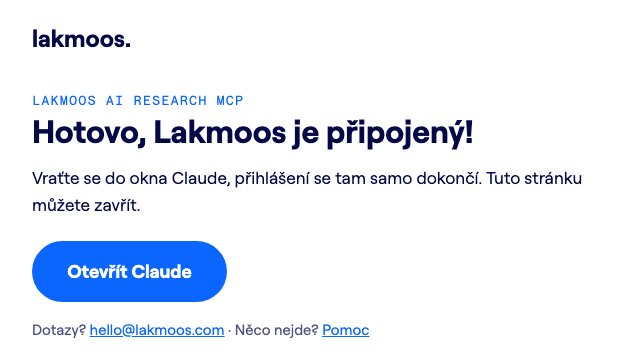 Stránka Hotovo, Lakmoos je připojený s tlačítkem Otevřít Claude
